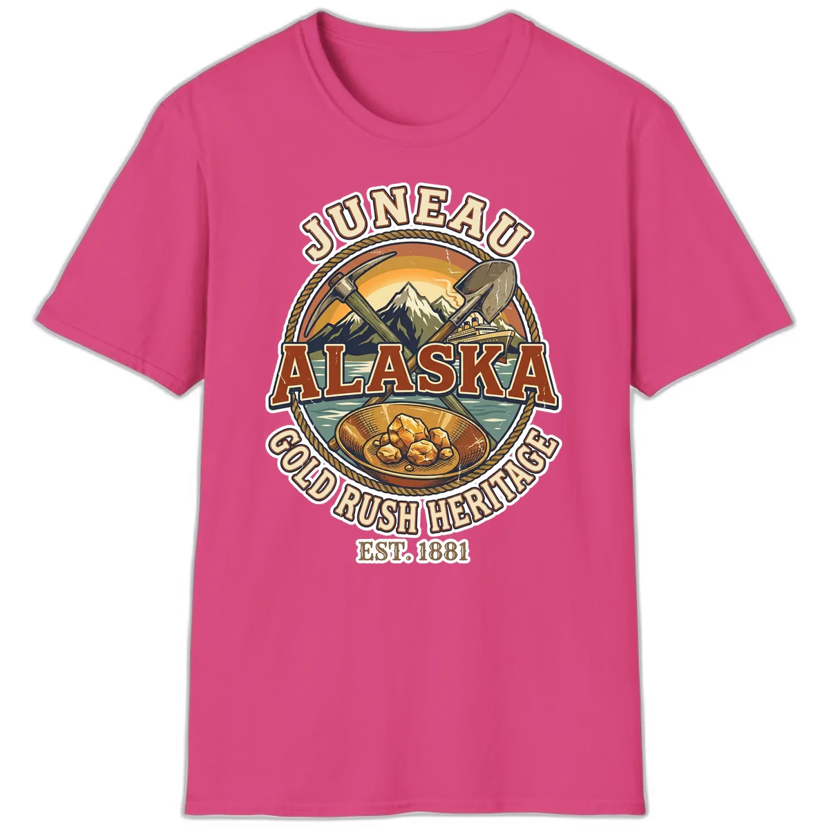 Juneau Alaska Gold Rush Heritage T-Shirt in Heliconia