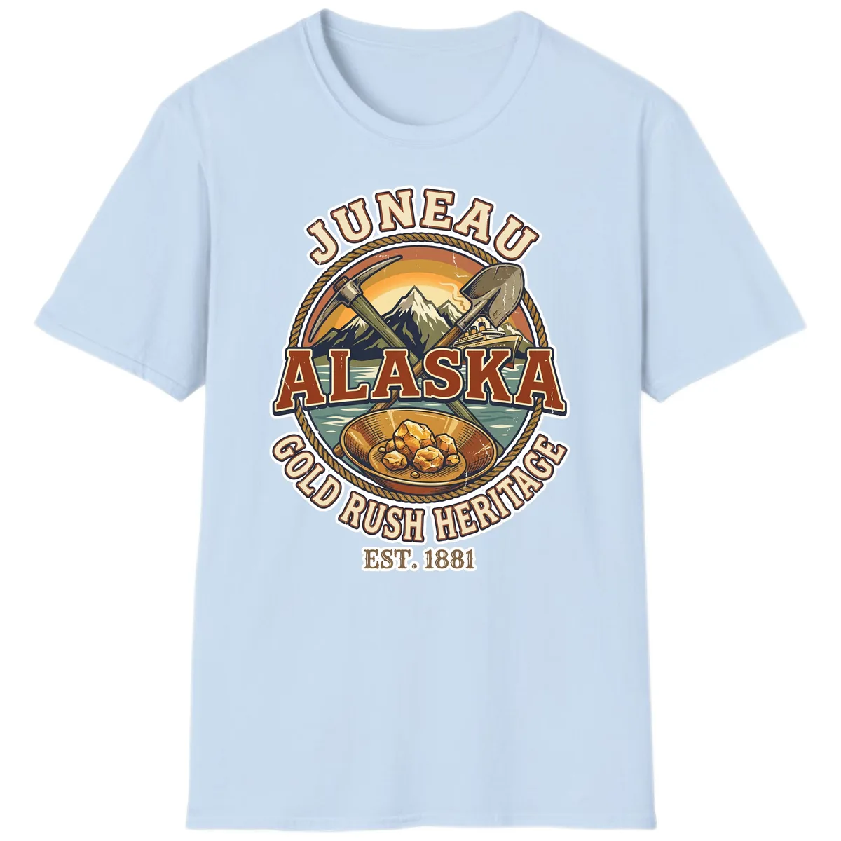 Juneau Alaska Gold Rush Heritage T-Shirt in Light Blue