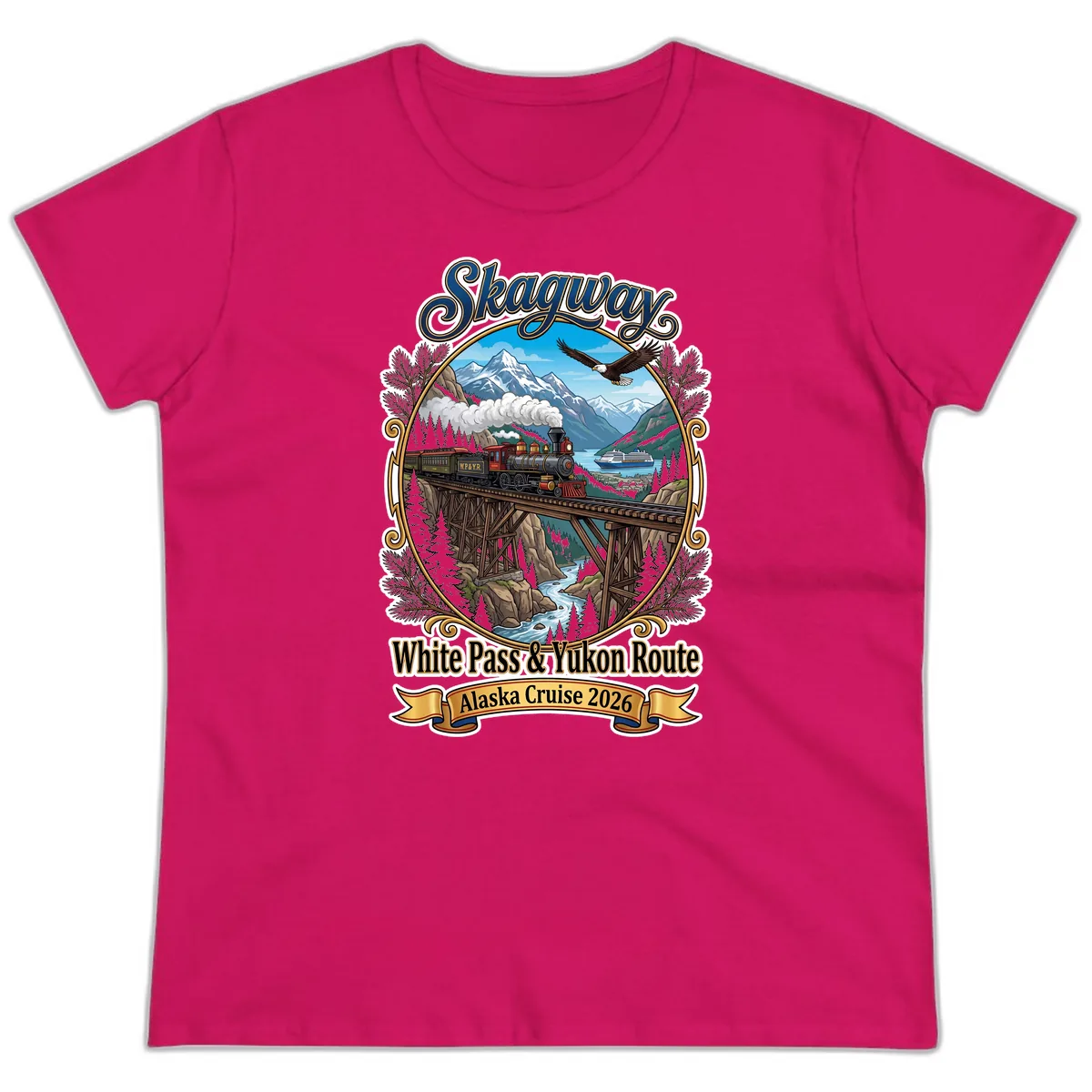 Skagway White Pass & Yukon Route Ladies Tee in Heliconia
