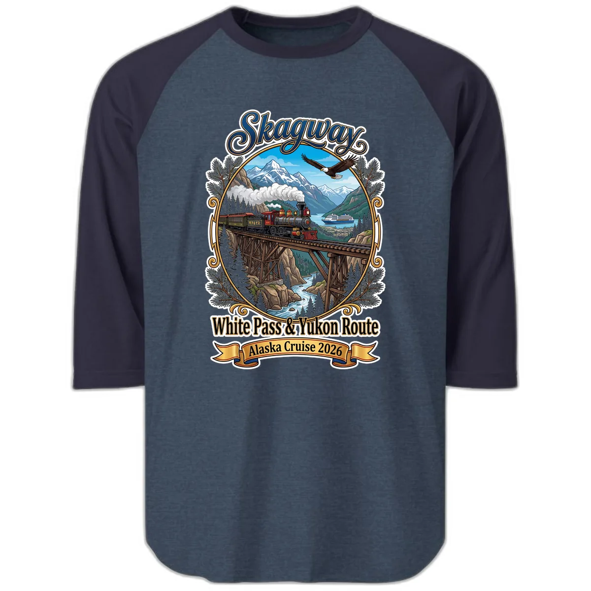 Skagway White Pass & Yukon Route Raglan 3/4 in Heather Denim Navy