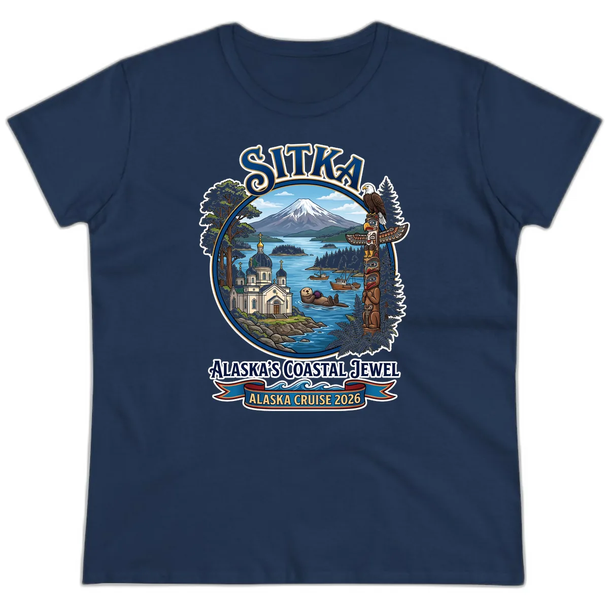 Sitka Alaska's Coastal Jewel Ladies Tee in Navy