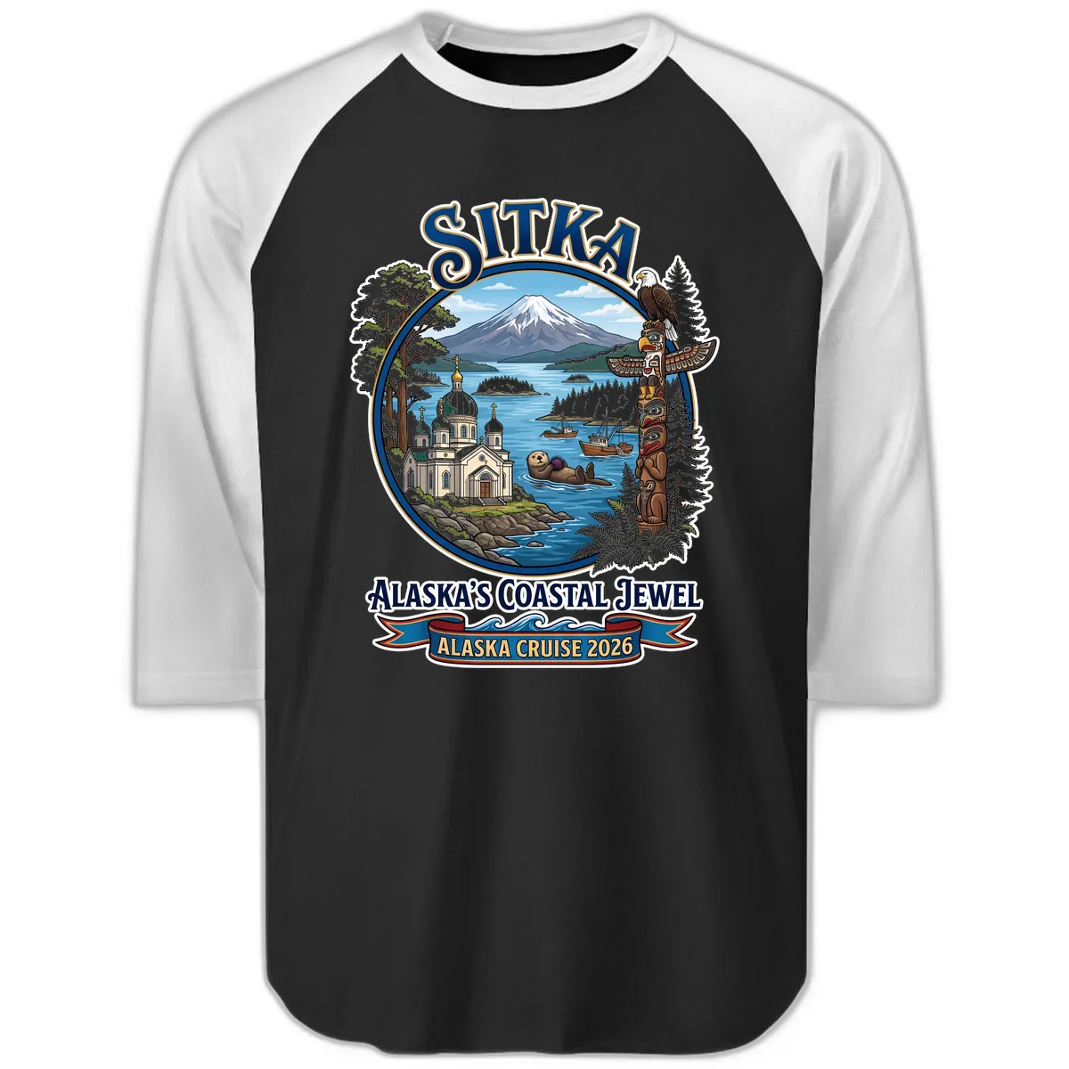 Sitka Alaska's Coastal Jewel Raglan 3/4 in Black White