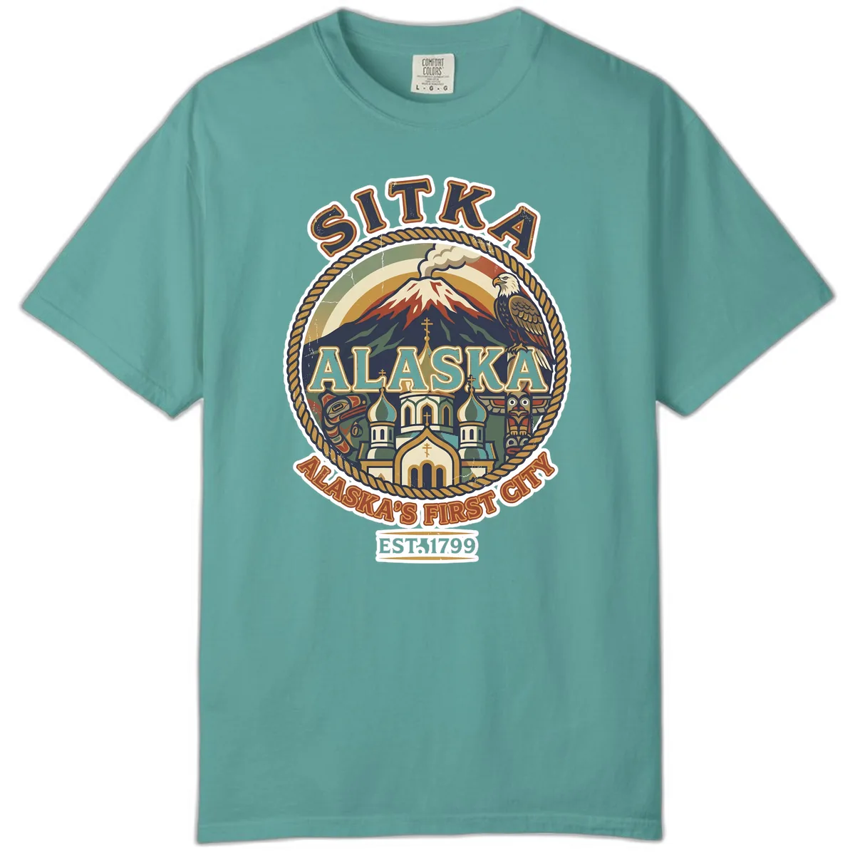 Sitka Alaska's First City Badge Comfort Color in Seafoam