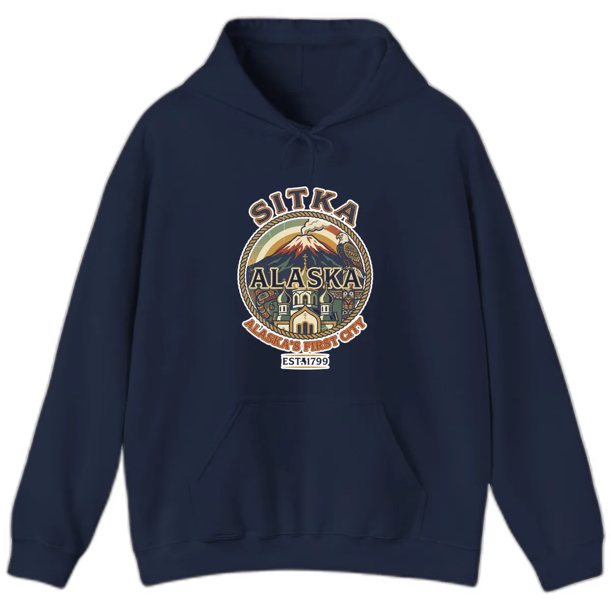Sitka Alaska's First City Badge Hoodie in Navy