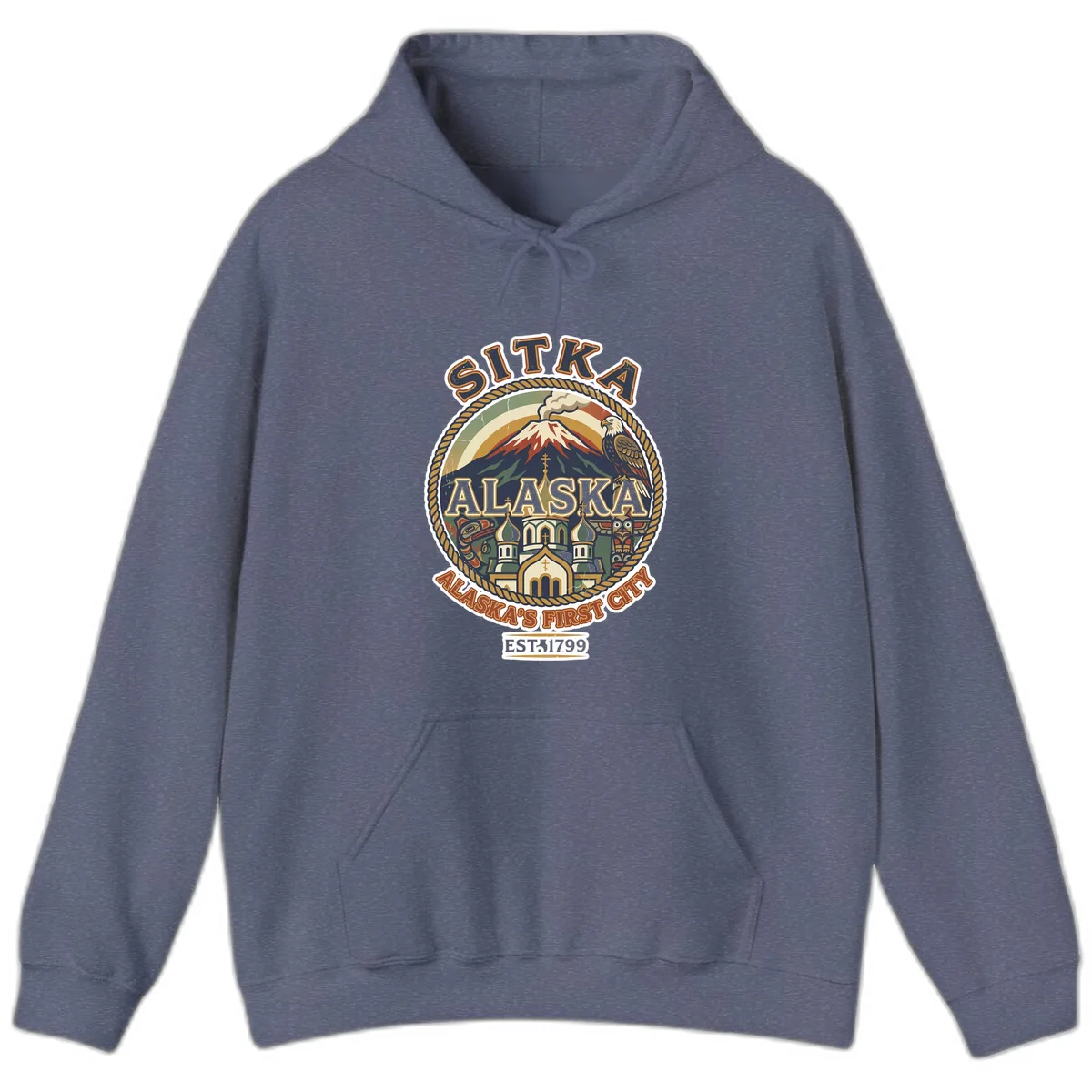 Sitka Alaska's First City Badge Hoodie in Heather Navy