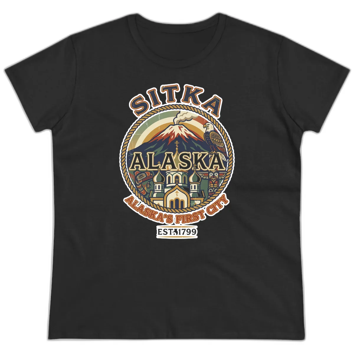 Sitka Alaska's First City Badge Ladies Tee in Black
