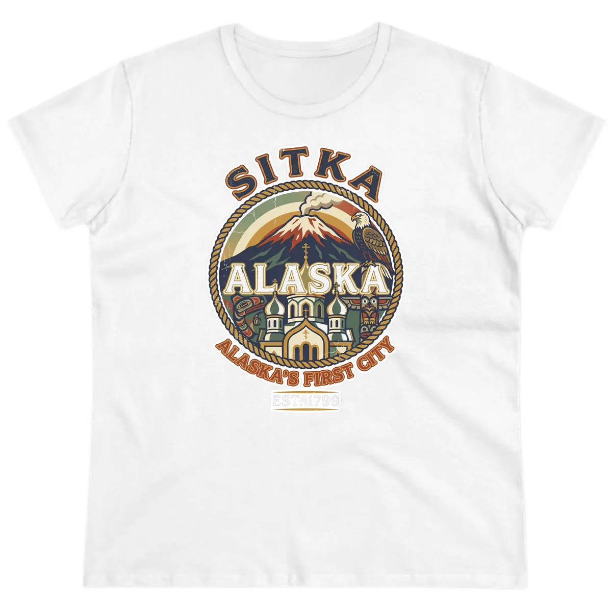 Sitka Alaska's First City Badge Ladies Tee in White