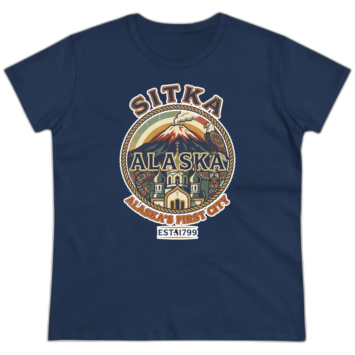 Sitka Alaska's First City Badge Ladies Tee in Navy
