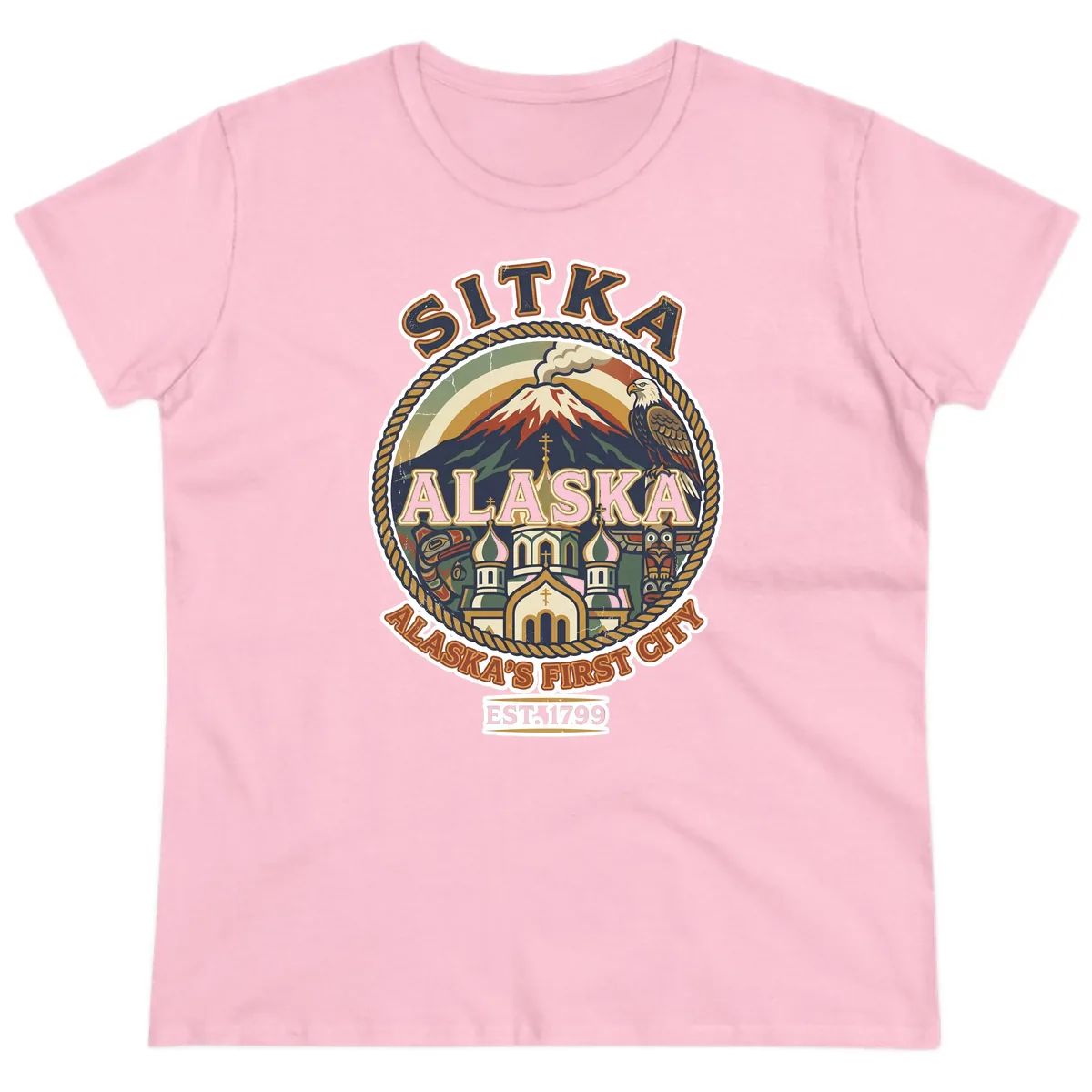 Sitka Alaska's First City Badge Ladies Tee in Light Pink