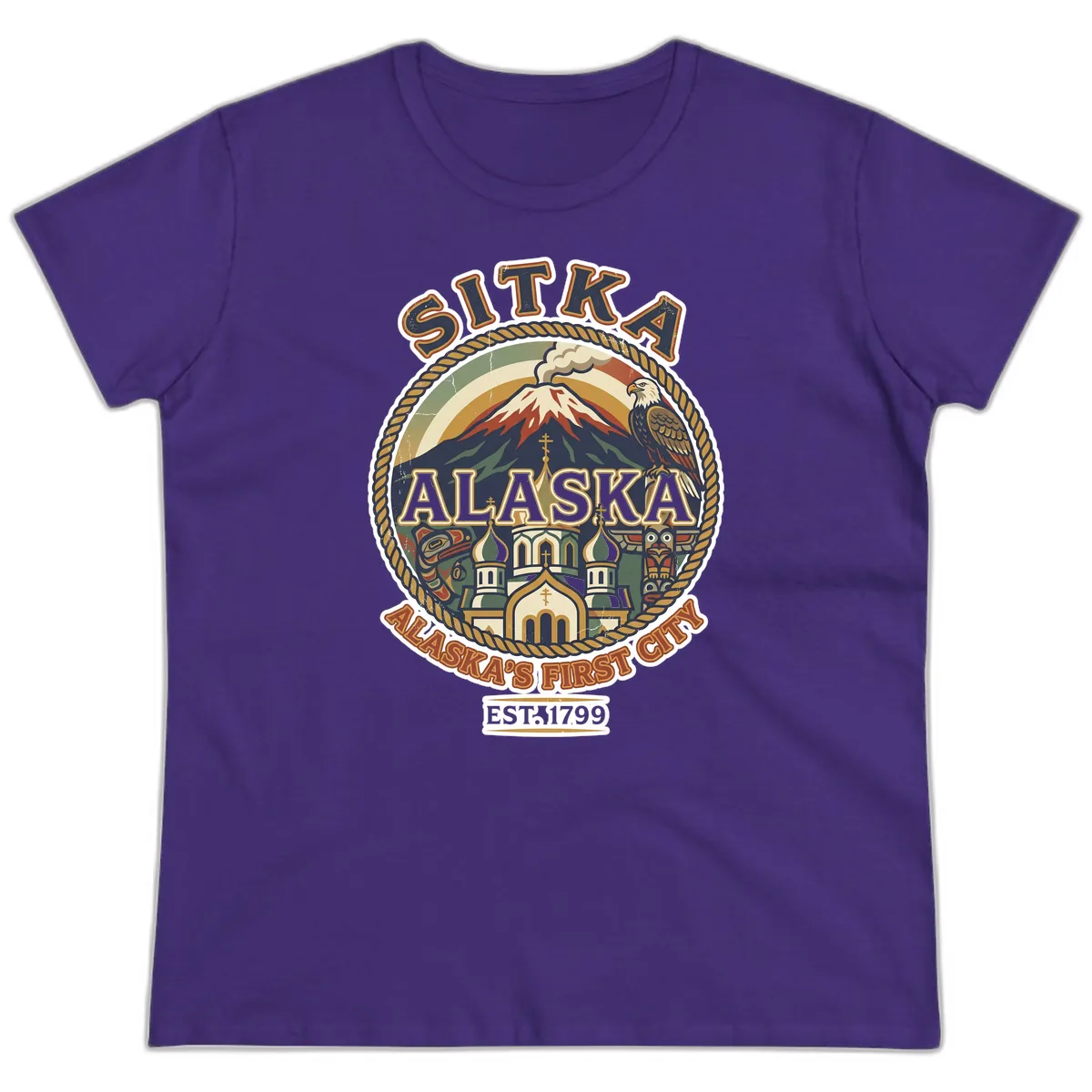 Sitka Alaska's First City Badge Ladies Tee in Purple