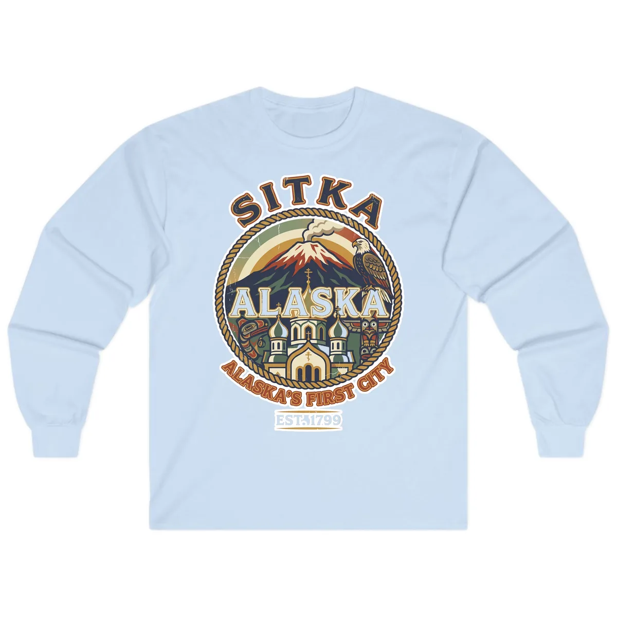 Sitka Alaska's First City Badge Long Sleeve in Light Blue