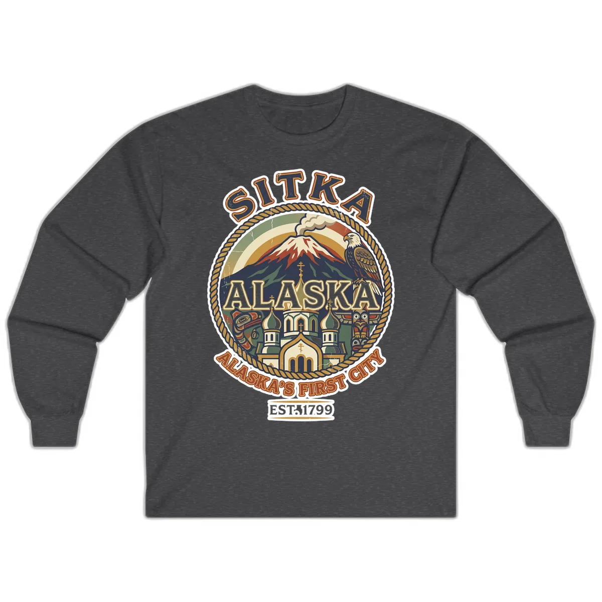 Sitka Alaska's First City Badge Long Sleeve in Dark Heather