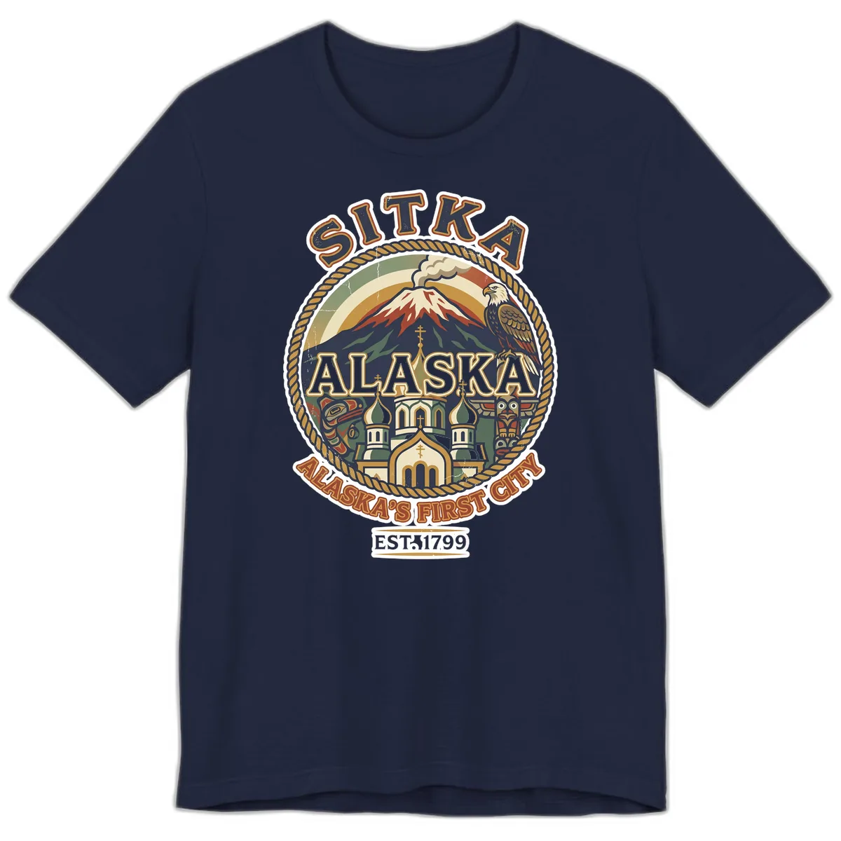 Sitka Alaska's First City Badge Premium T-Shirt in Navy