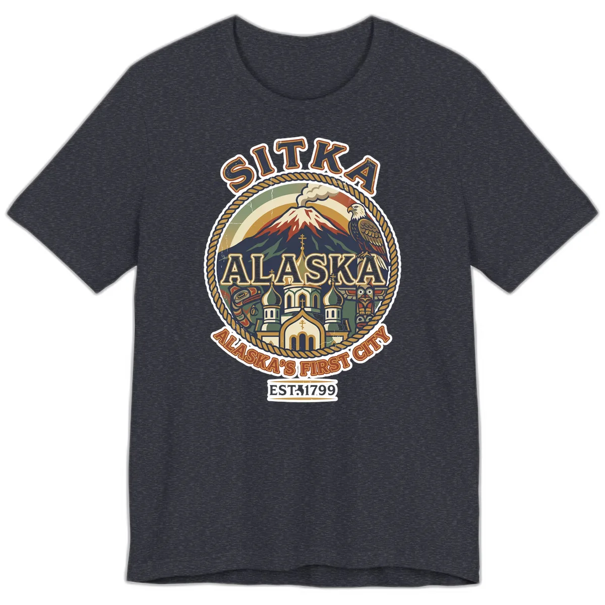 Sitka Alaska's First City Badge Premium T-Shirt in Heather Navy
