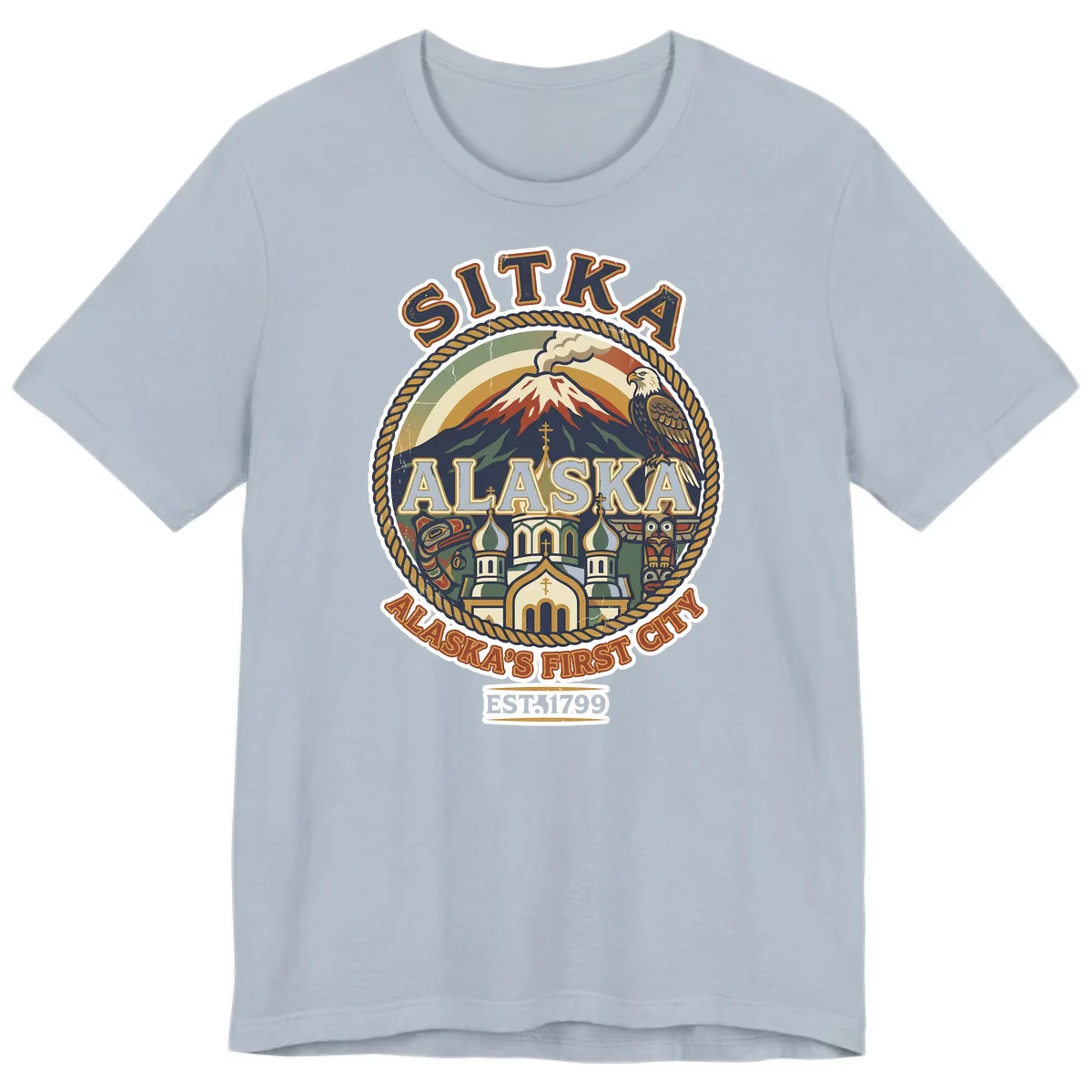Sitka Alaska's First City Badge Premium T-Shirt in Light Blue