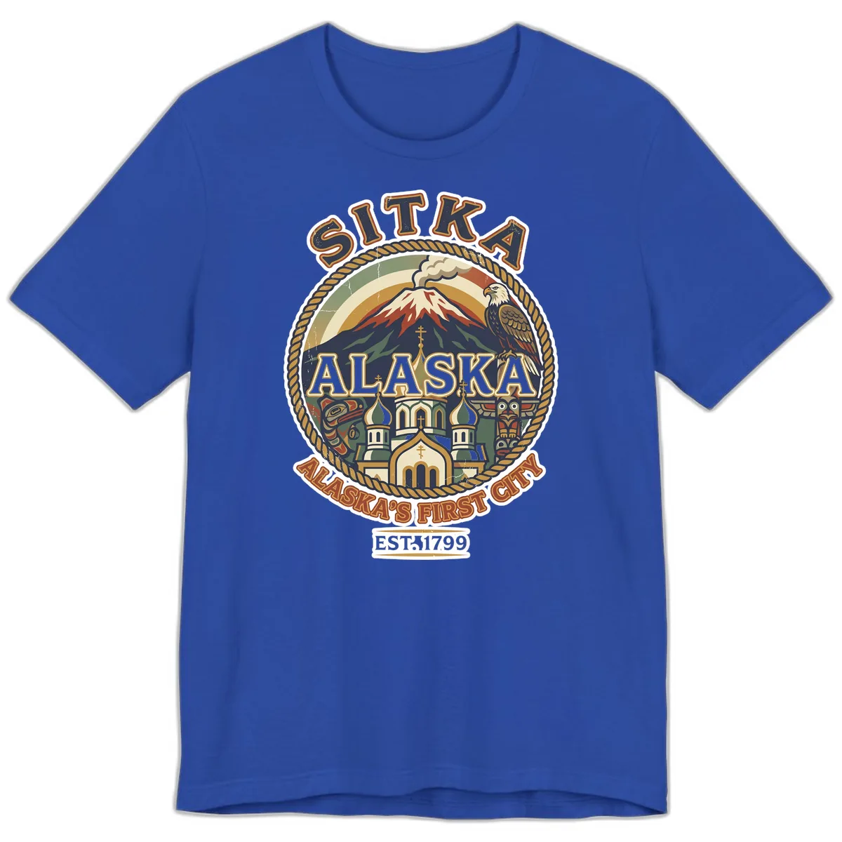 Sitka Alaska's First City Badge Premium T-Shirt in True Royal