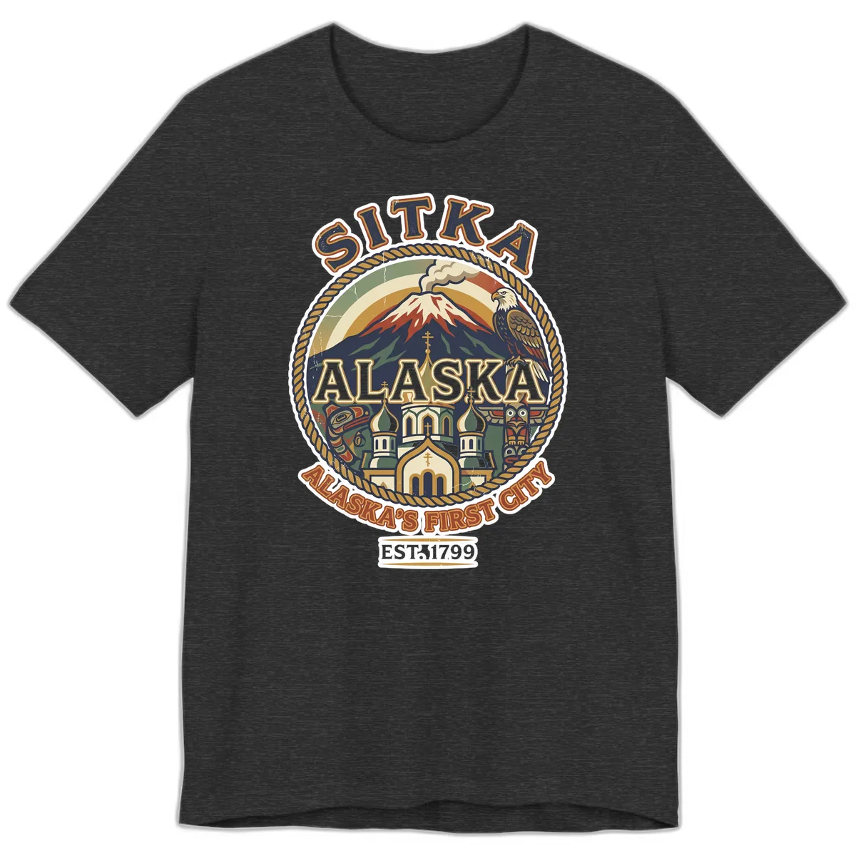 Sitka Alaska's First City Badge Premium T-Shirt in Dark Grey Heather