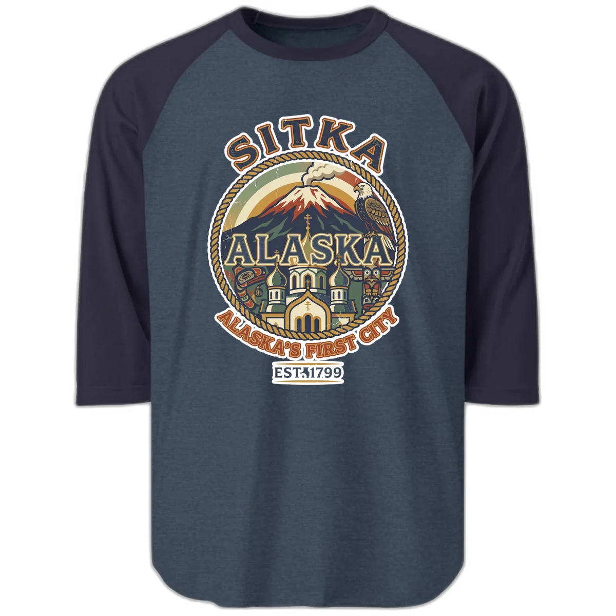 Sitka Alaska's First City Badge Raglan 3/4 in Heather Denim Navy