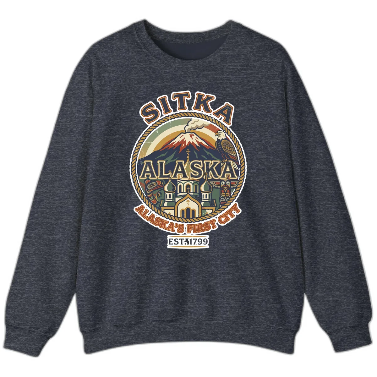 Sitka Alaska's First City Badge Sweatshirt in Heather Sport Dark Navy