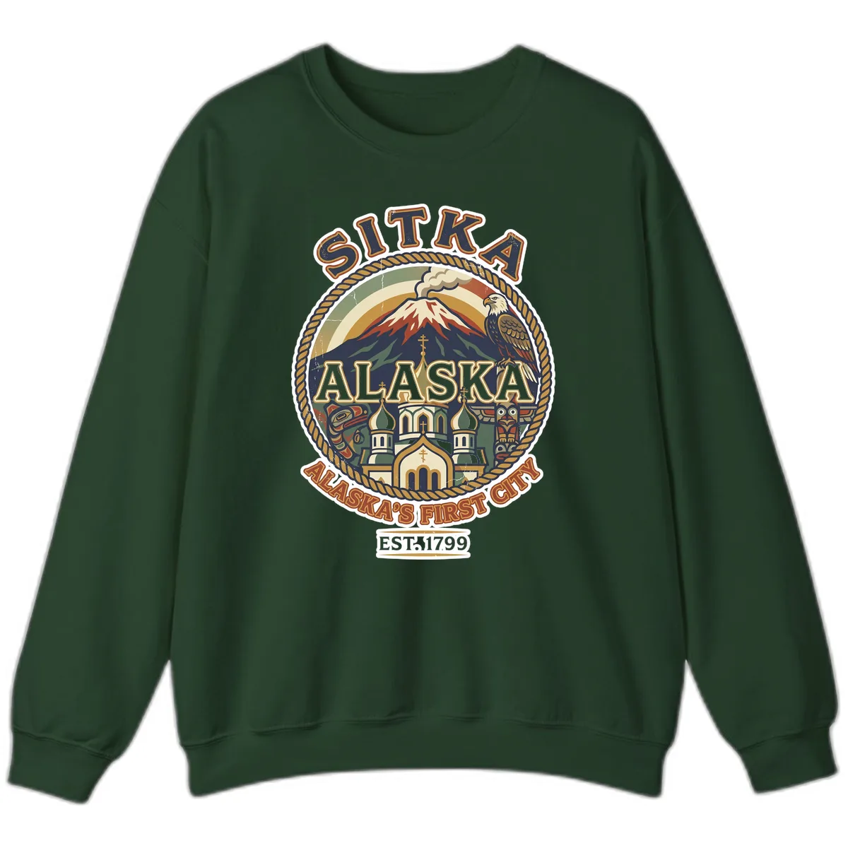 Sitka Alaska's First City Badge Sweatshirt in Forest Green