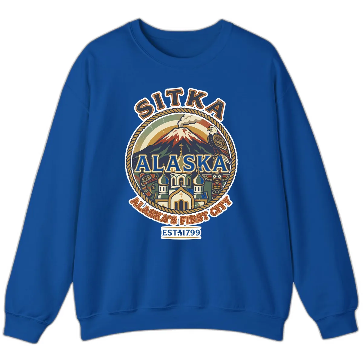 Sitka Alaska's First City Badge Sweatshirt in Royal