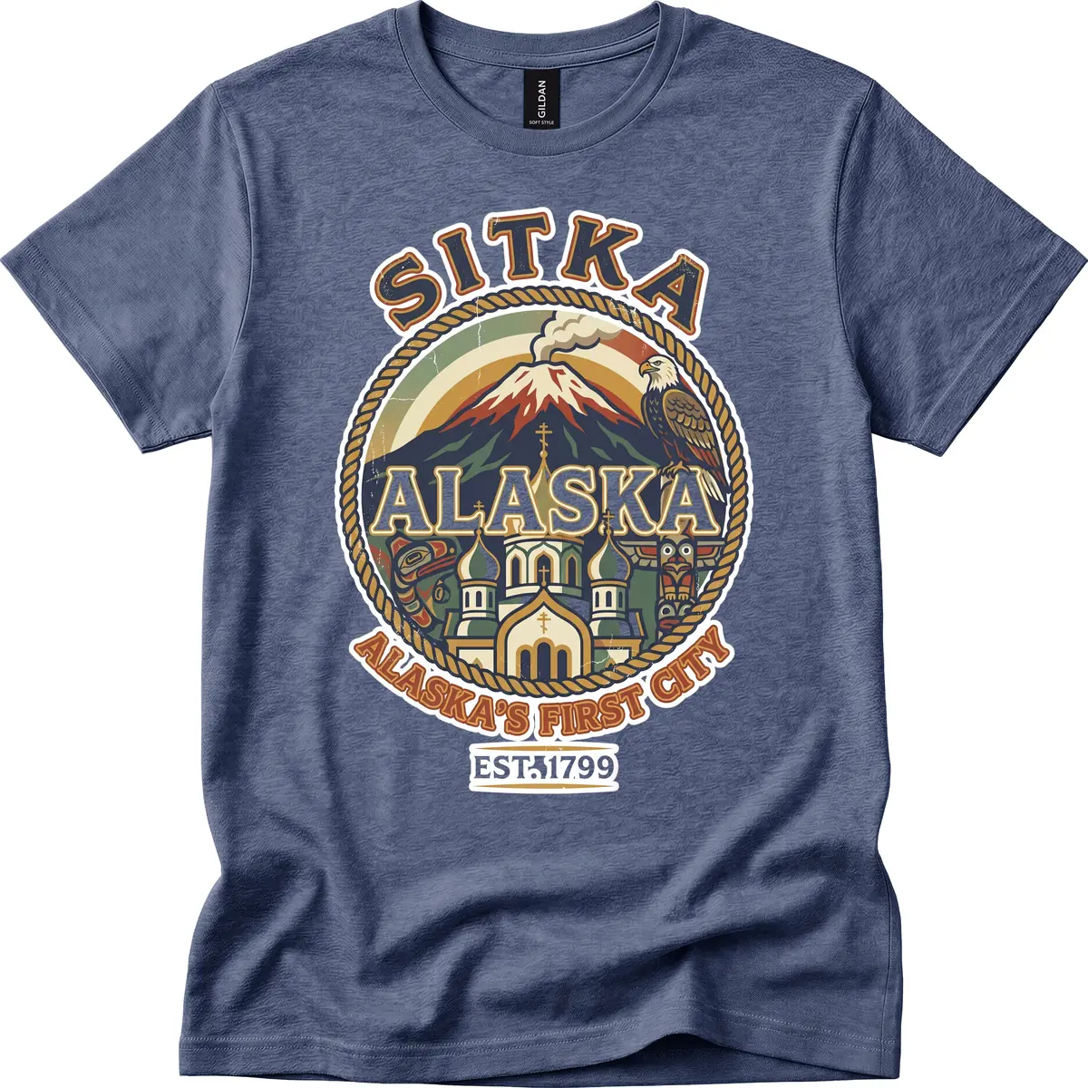 Sitka Alaska's First City Badge T-Shirt in Heather Navy