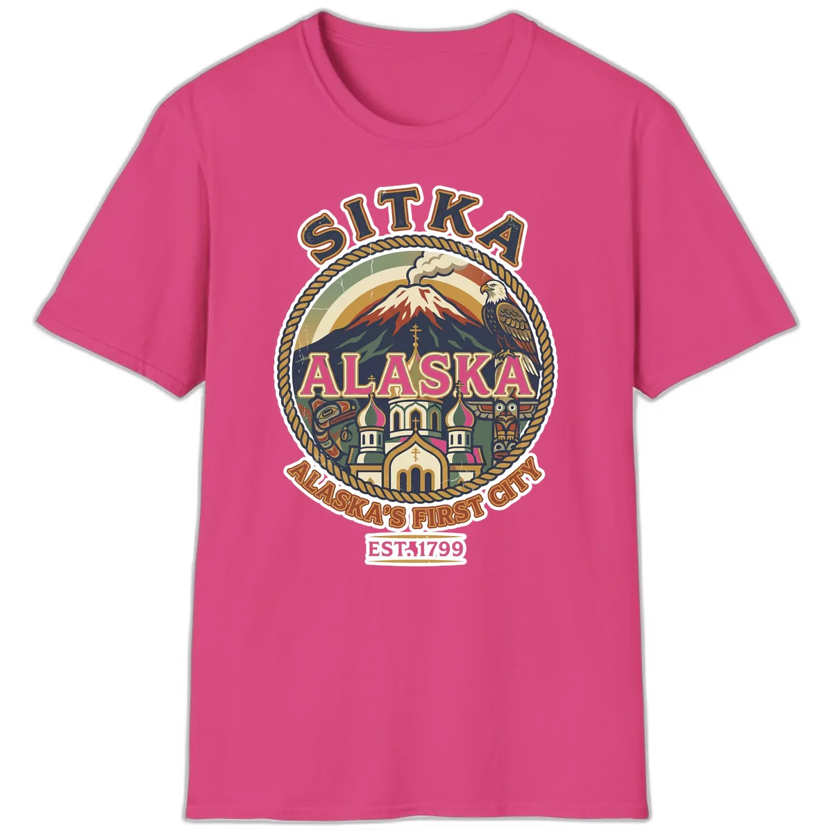 Sitka Alaska's First City Badge T-Shirt in Heliconia