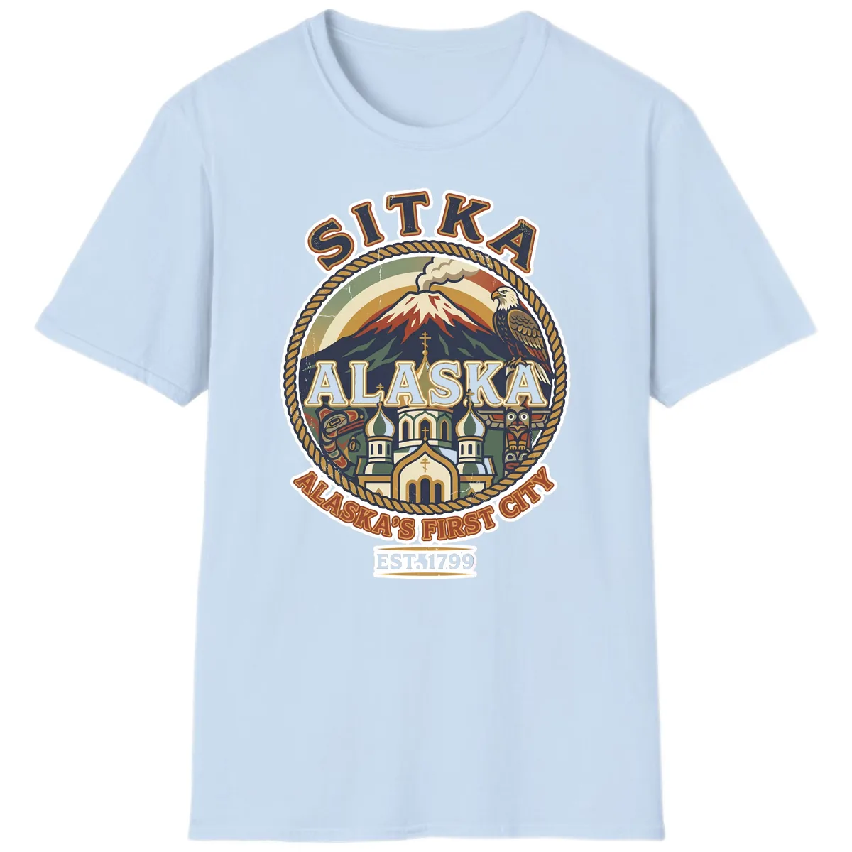 Sitka Alaska's First City Badge T-Shirt in Light Blue