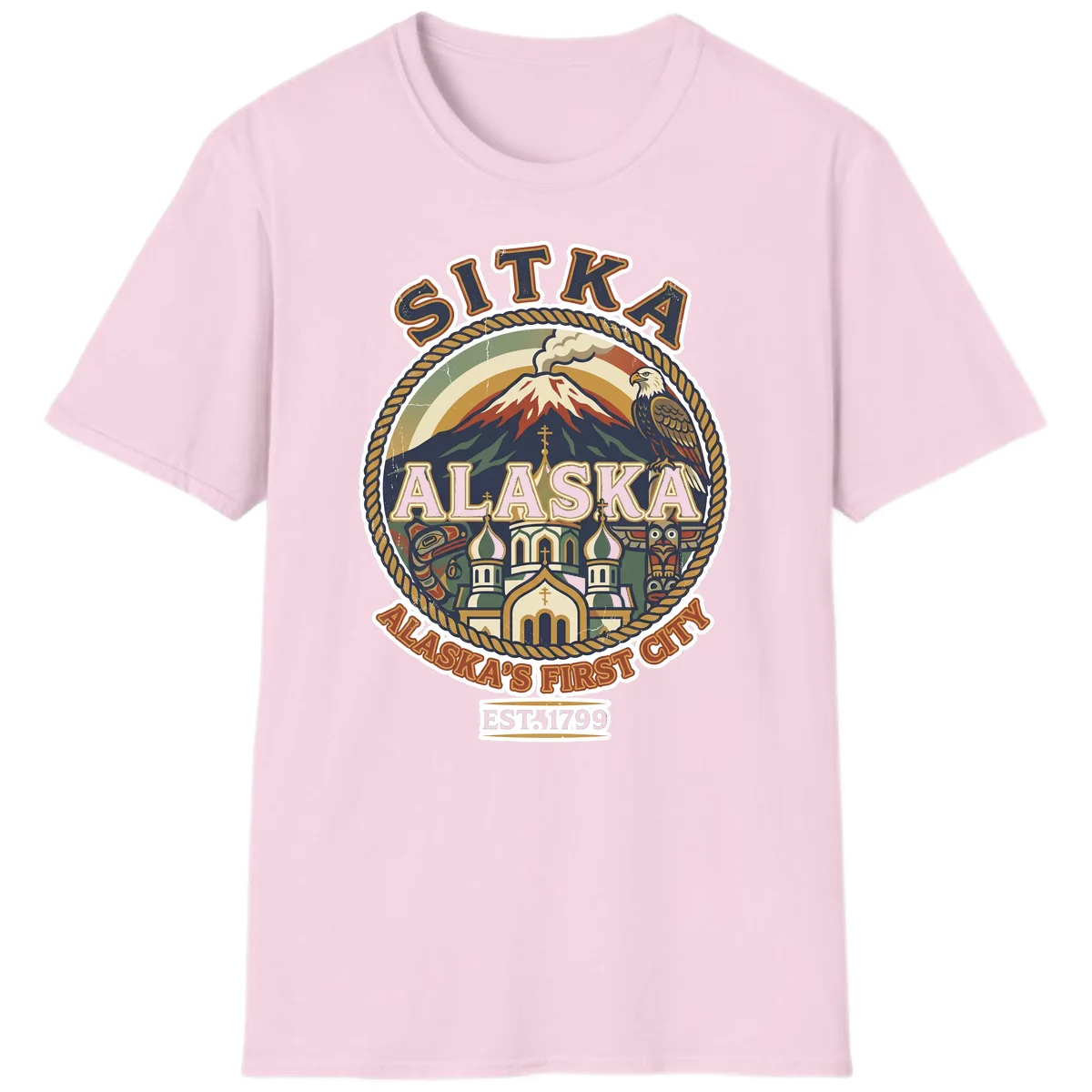 Sitka Alaska's First City Badge T-Shirt in Light Pink