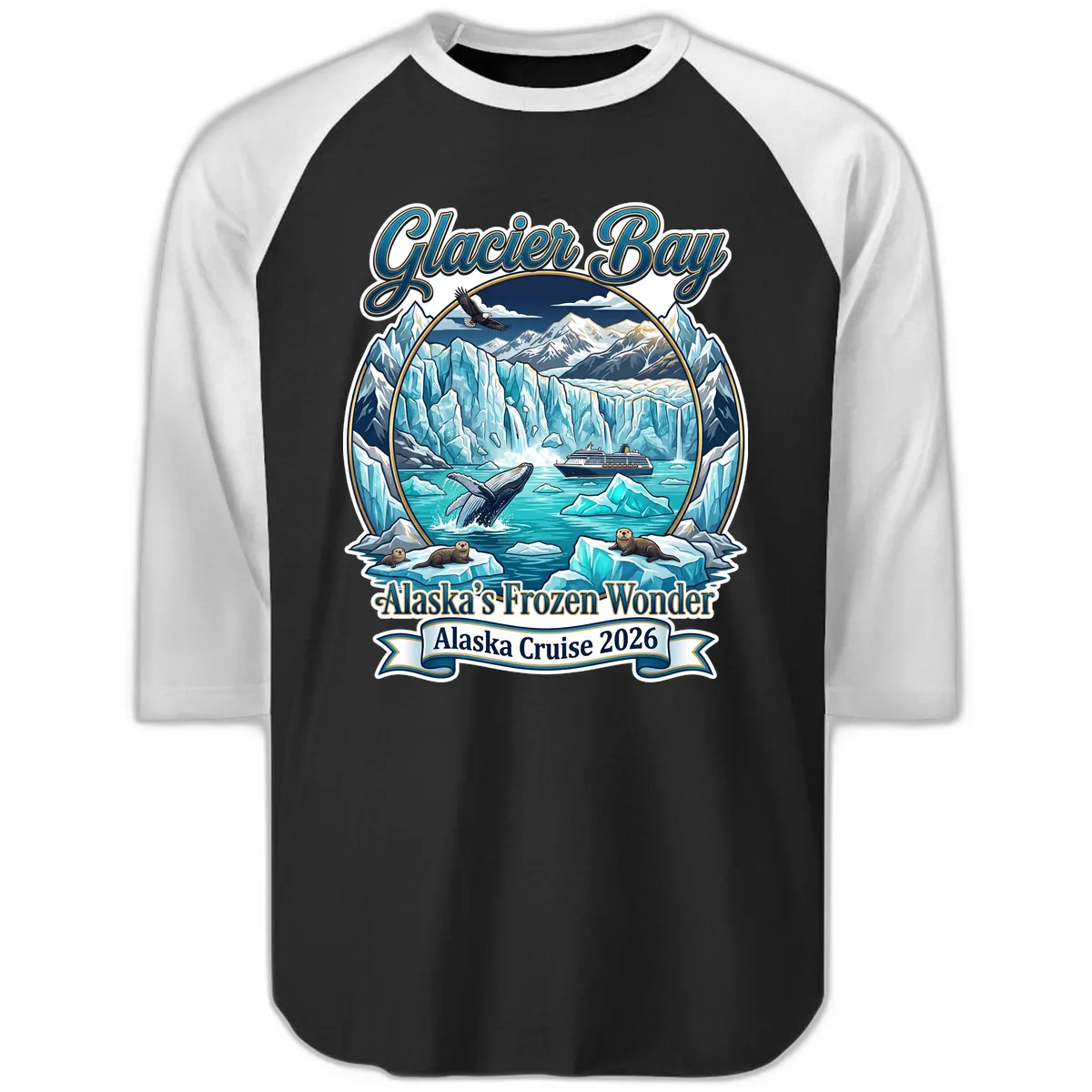 Glacier Bay Alaska's Frozen Wonder Raglan 3/4 in Black White