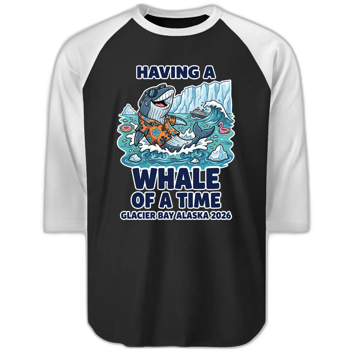 Having A Whale Of A Time Glacier Bay Raglan 3/4 in Black White