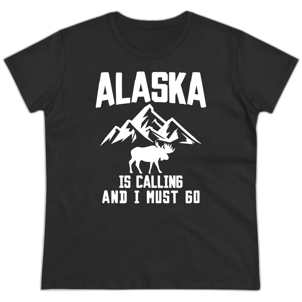 Alaska Is Calling Moose Mountains Ladies Tee in Black