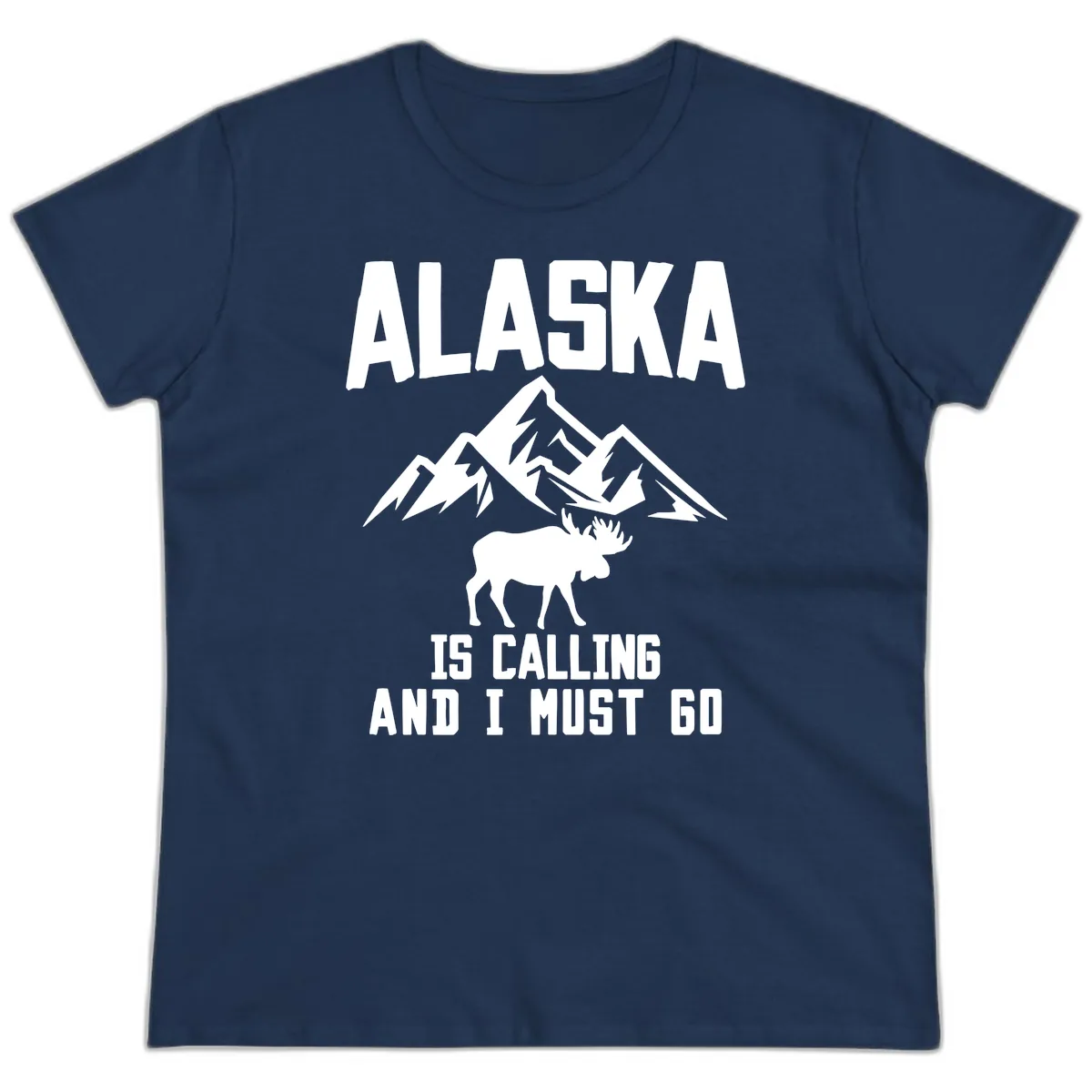 Alaska Is Calling Moose Mountains Ladies Tee in Navy