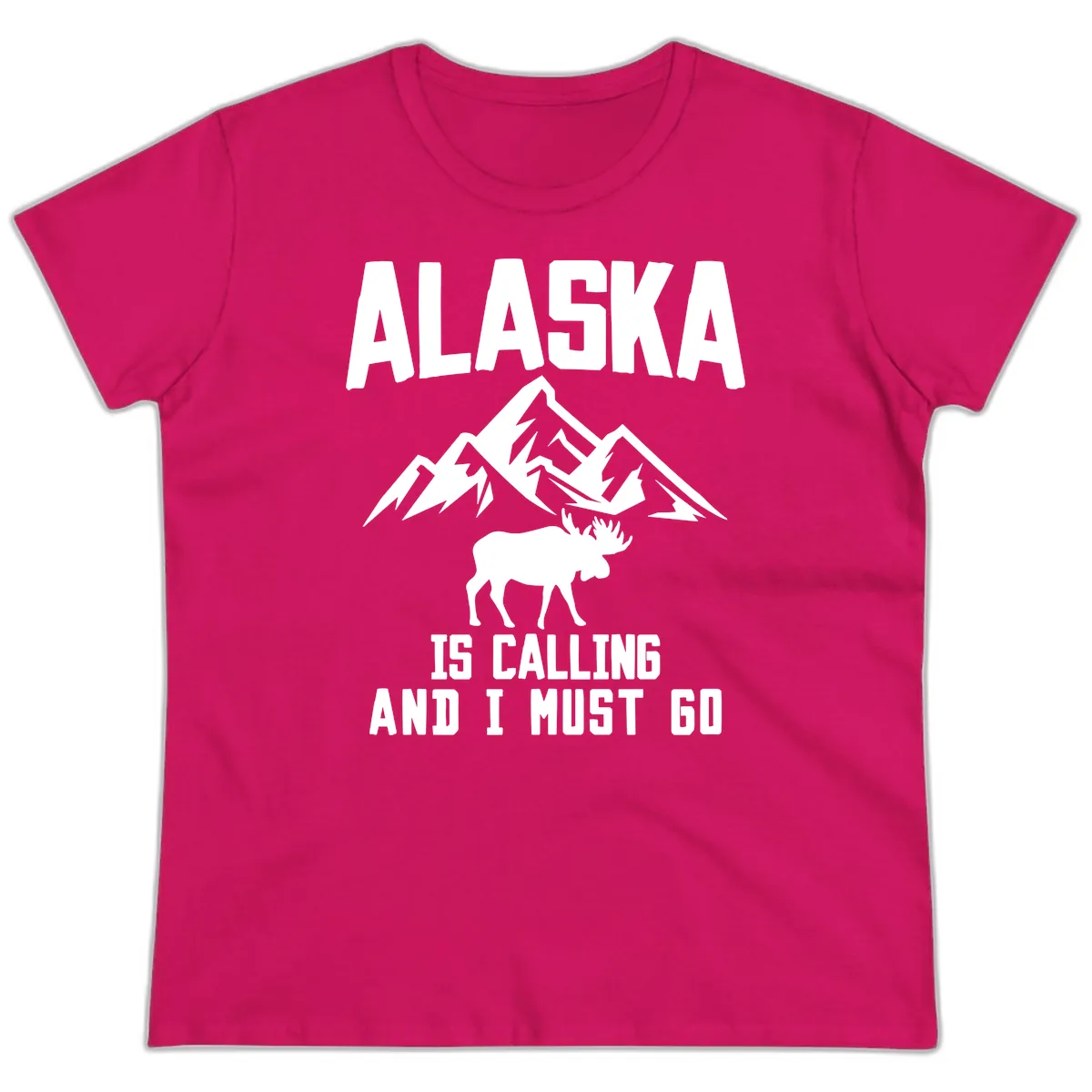 Alaska Is Calling Moose Mountains Ladies Tee in Heliconia