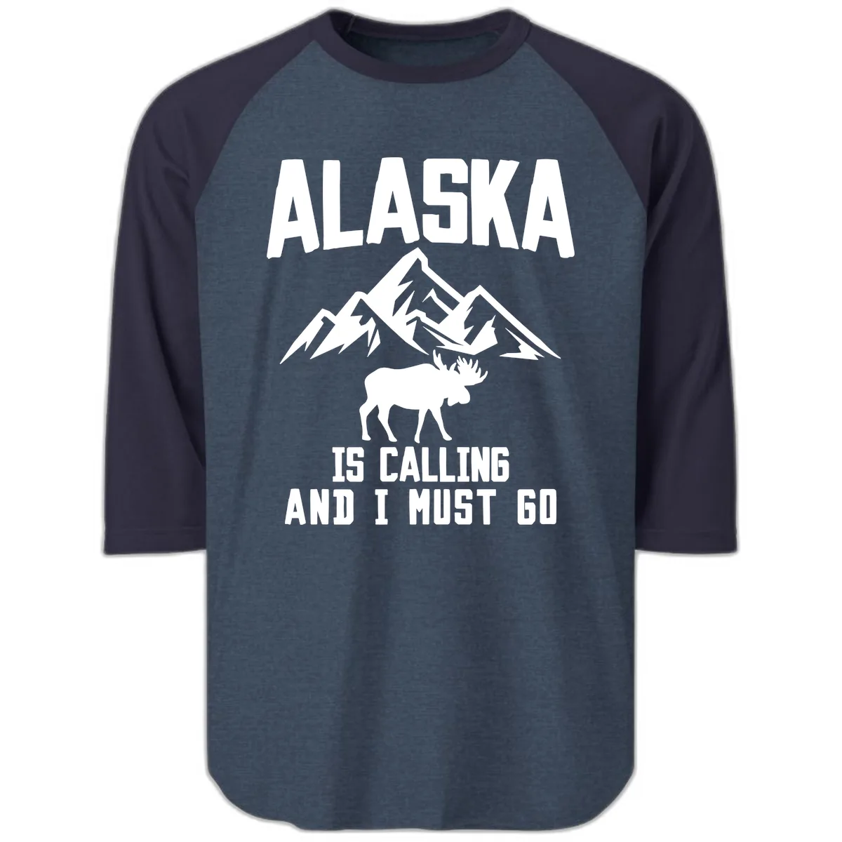 Alaska Is Calling Moose Mountains Raglan 3/4 in Heather Denim Navy