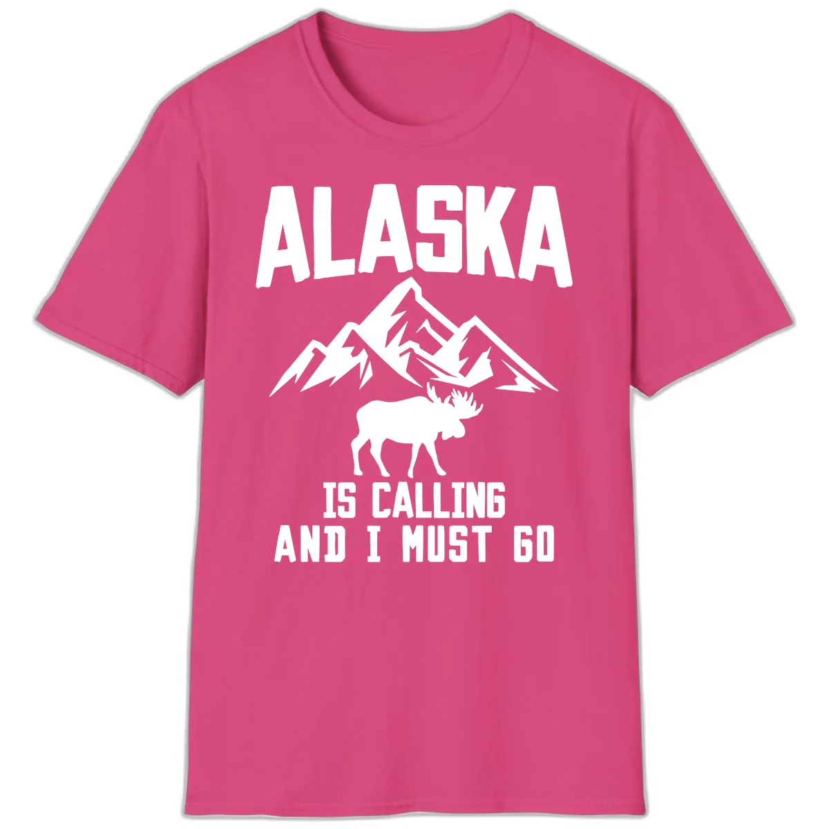 Alaska Is Calling Moose Mountains T-Shirt in Heliconia