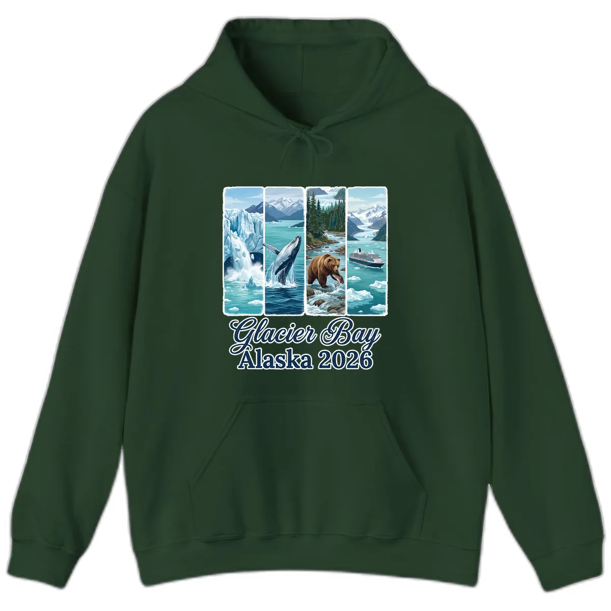 Glacier Bay Alaska 2026 Adventure Hoodie in Forest Green