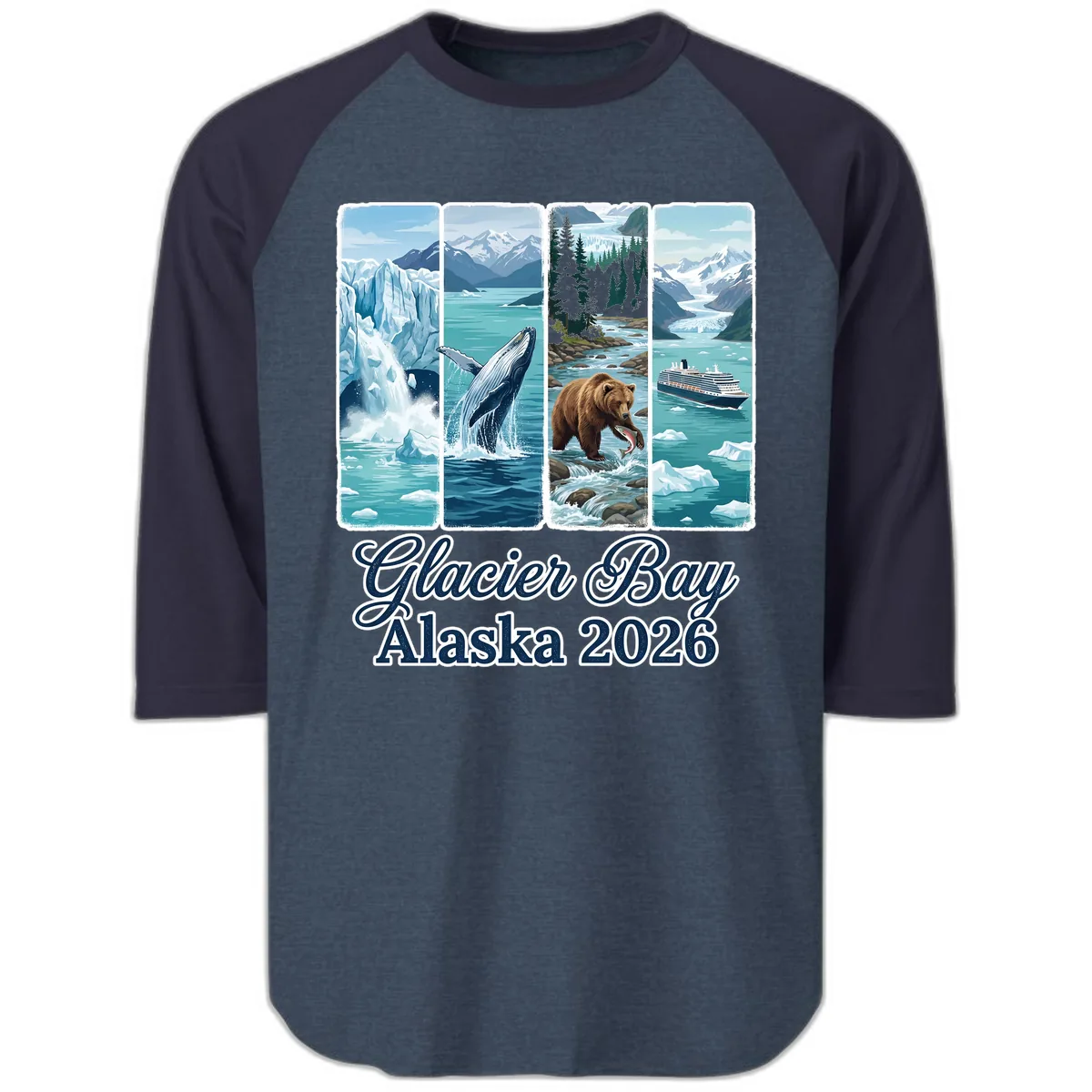 Glacier Bay Alaska 2026 Adventure Raglan 3/4 in Heather Denim Navy