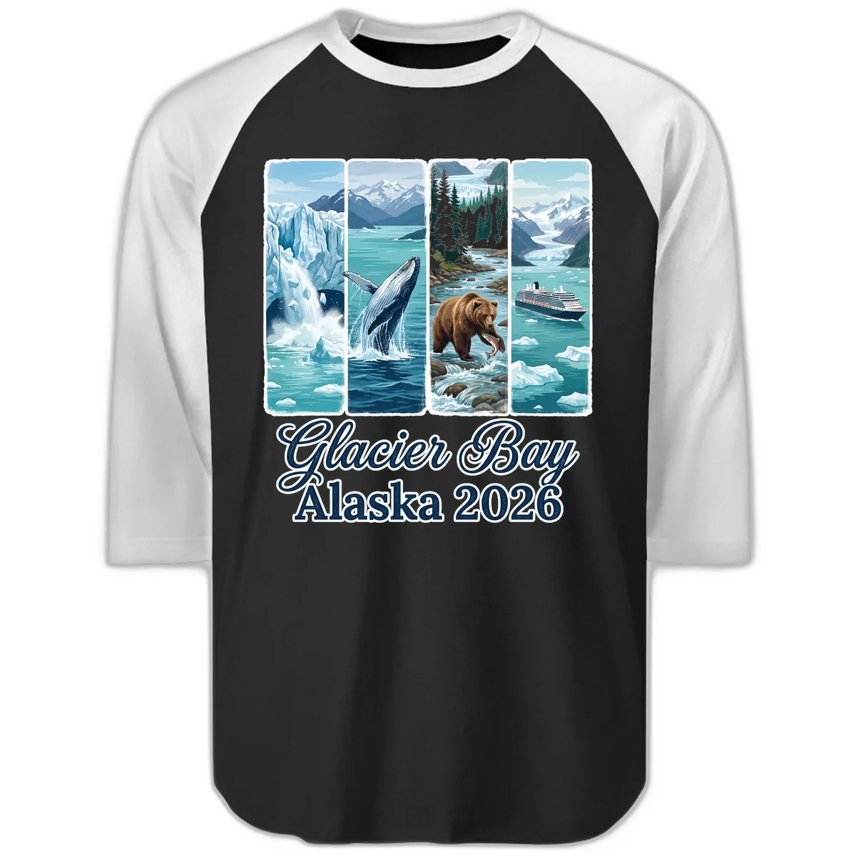 Glacier Bay Alaska 2026 Adventure Raglan 3/4 in Black White