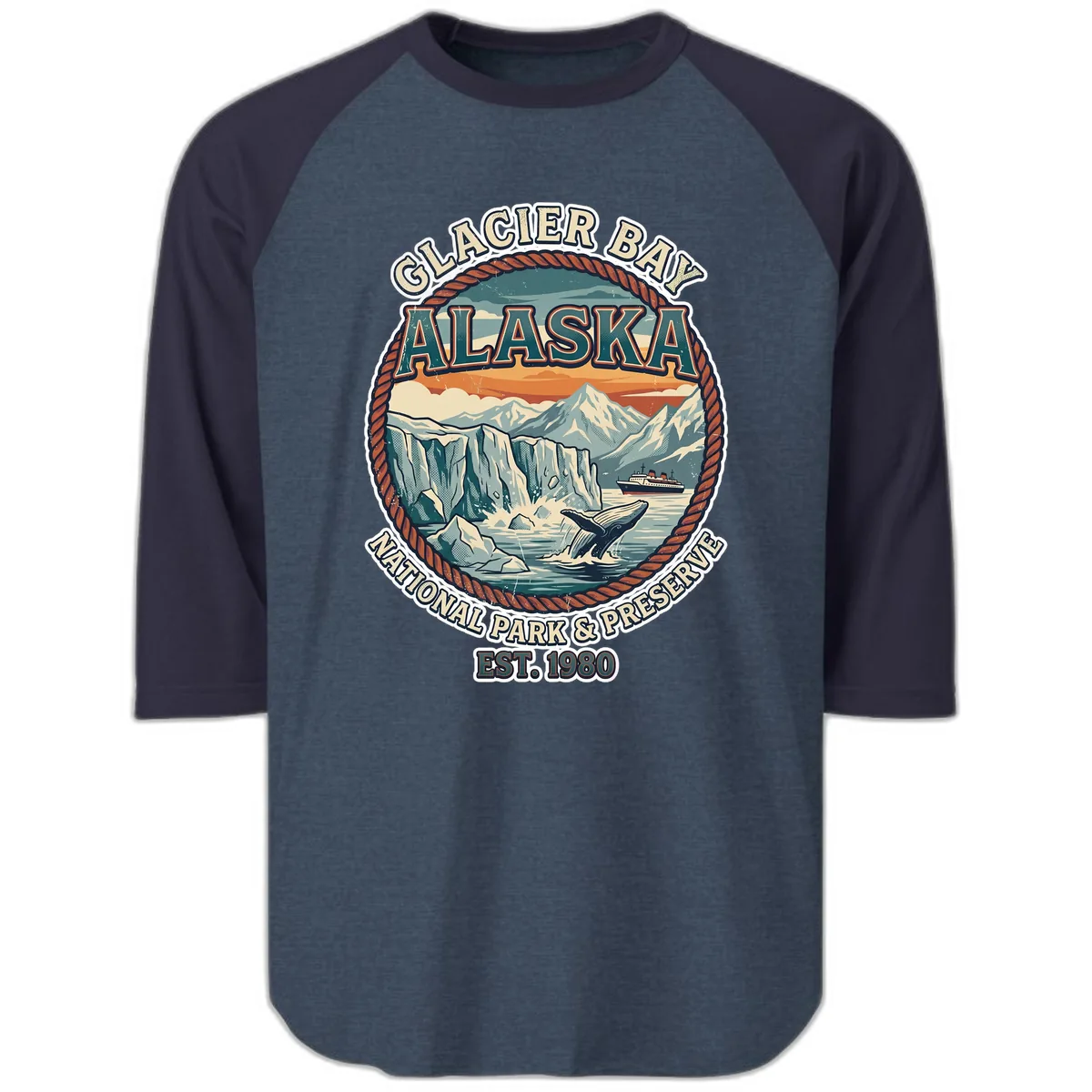 Glacier Bay National Park & Preserve Raglan 3/4 in Heather Denim Navy