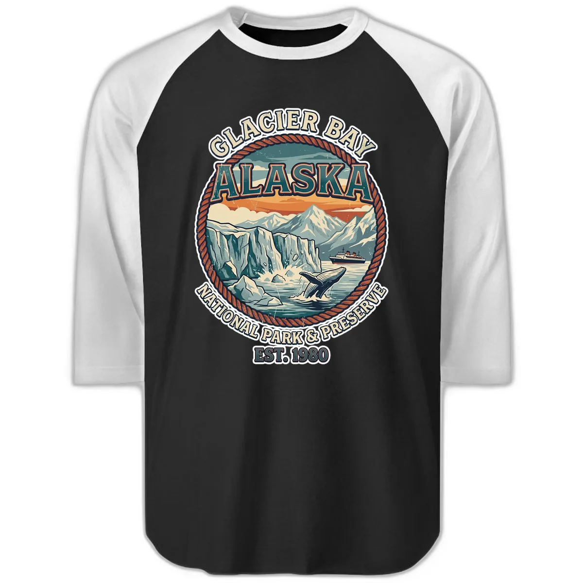 Glacier Bay National Park & Preserve Raglan 3/4 in Black White