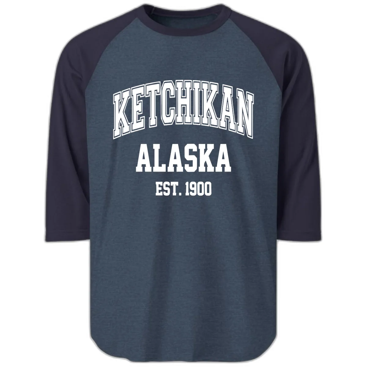 Ketchikan Alaska Est 1900 Raglan 3/4 in Heather Denim Navy