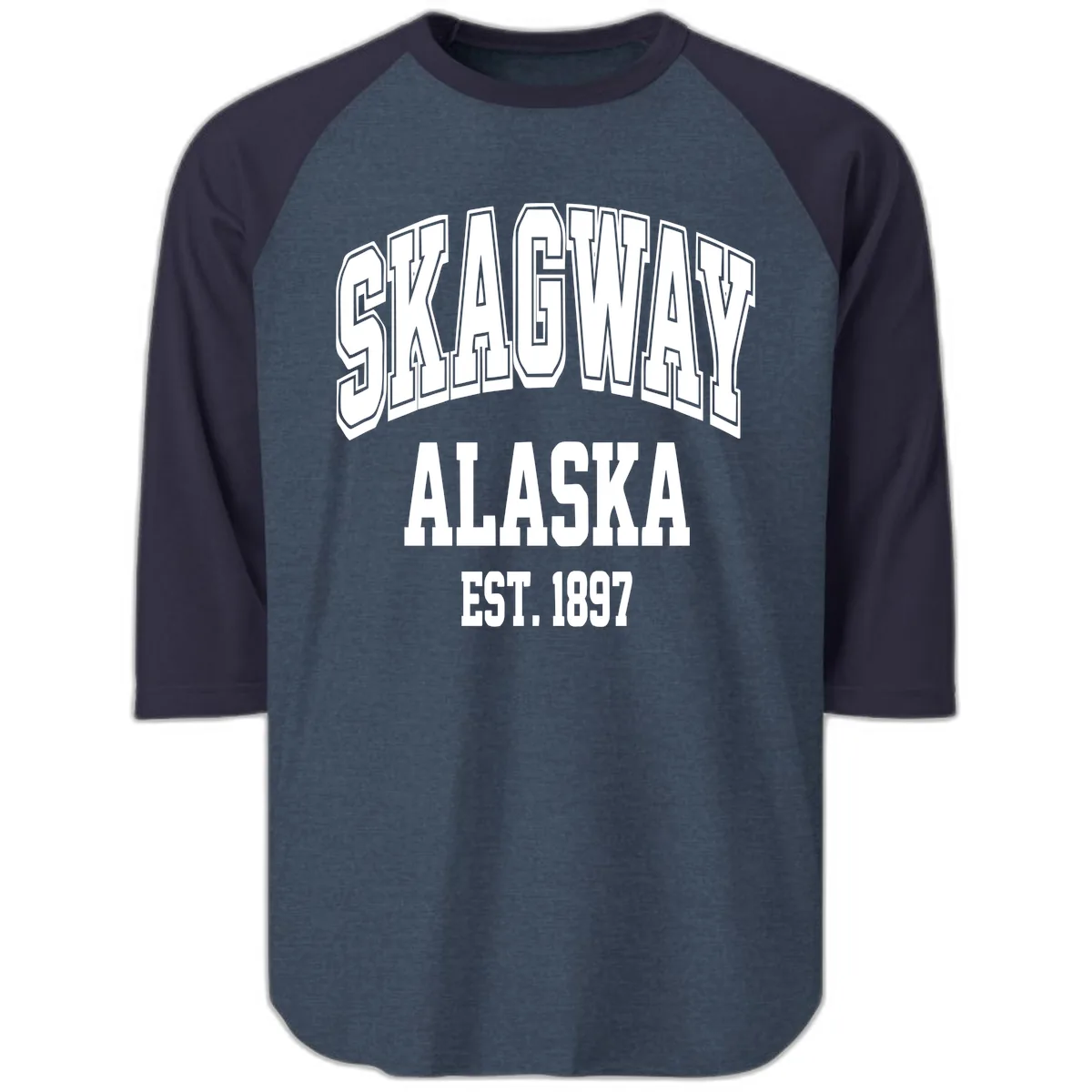 Skagway Alaska Established 1897 Raglan 3/4 in Heather Denim Navy