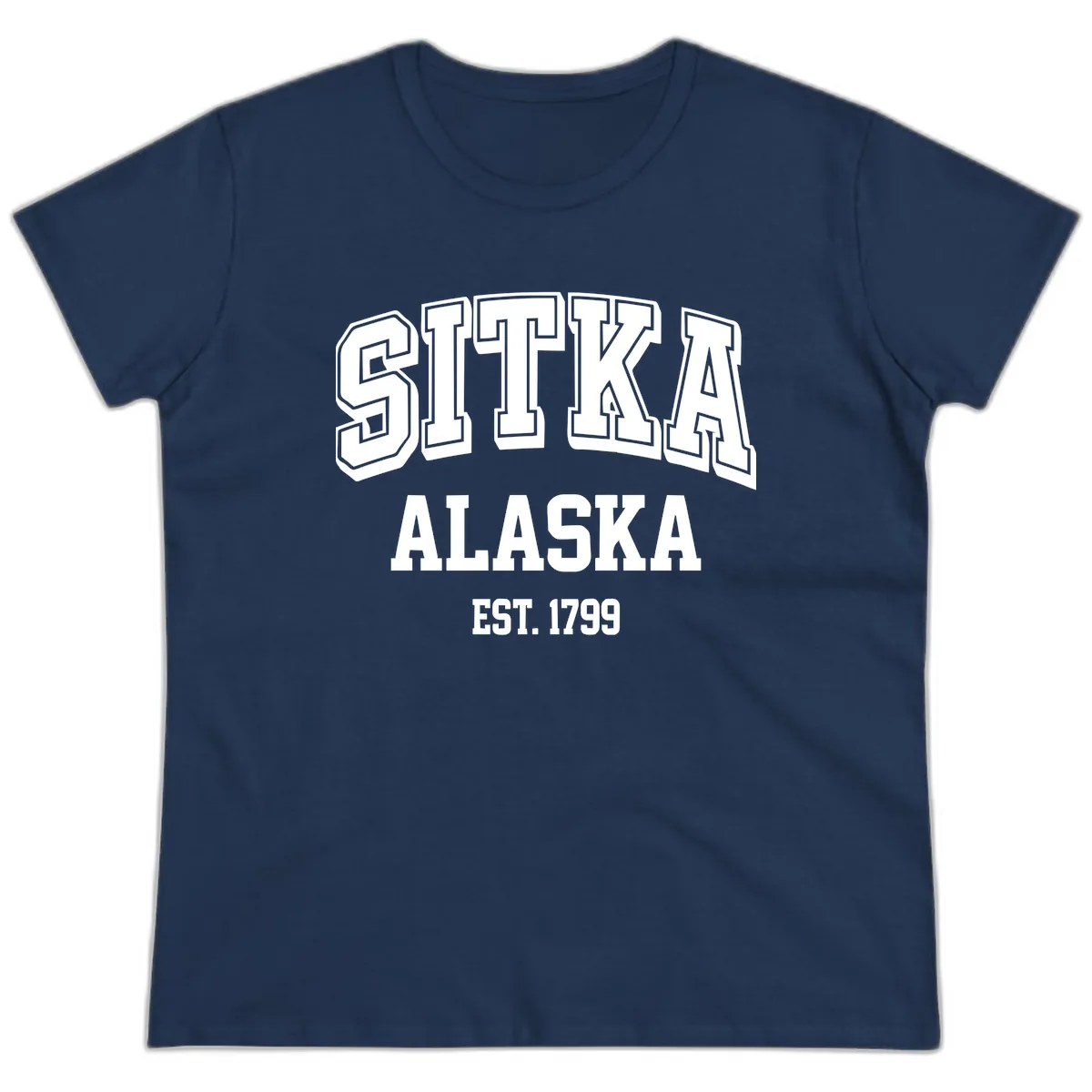 Sitka Alaska Est 1799 Vintage Badge Ladies Tee in Navy