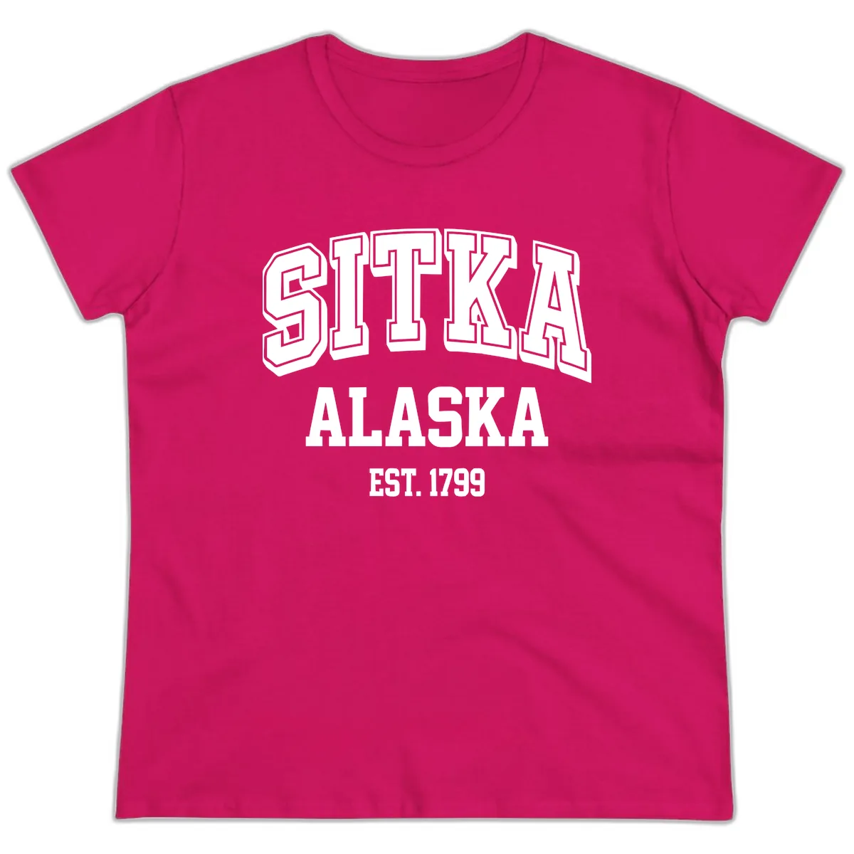 Sitka Alaska Est 1799 Vintage Badge Ladies Tee in Heliconia