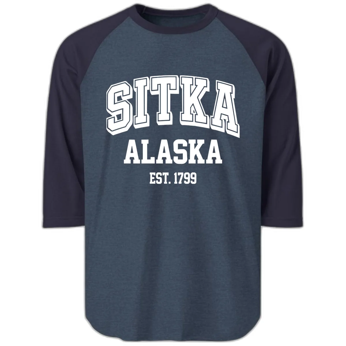 Sitka Alaska Est 1799 Vintage Badge Raglan 3/4 in Heather Denim Navy