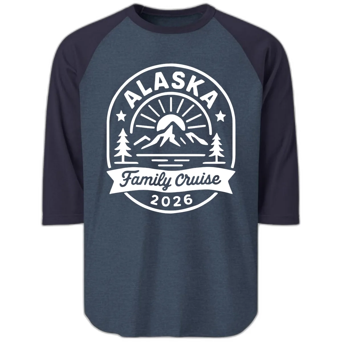 Alaska Family Cruise 2026 Badge Raglan 3/4 in Heather Denim Navy