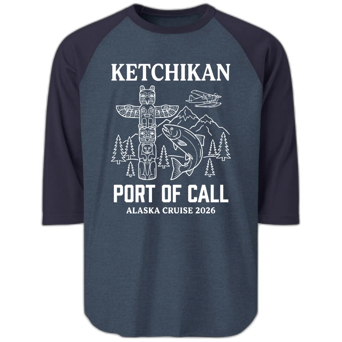 Ketchikan Port Of Call Alaska Cruise Raglan 3/4 in Heather Denim Navy