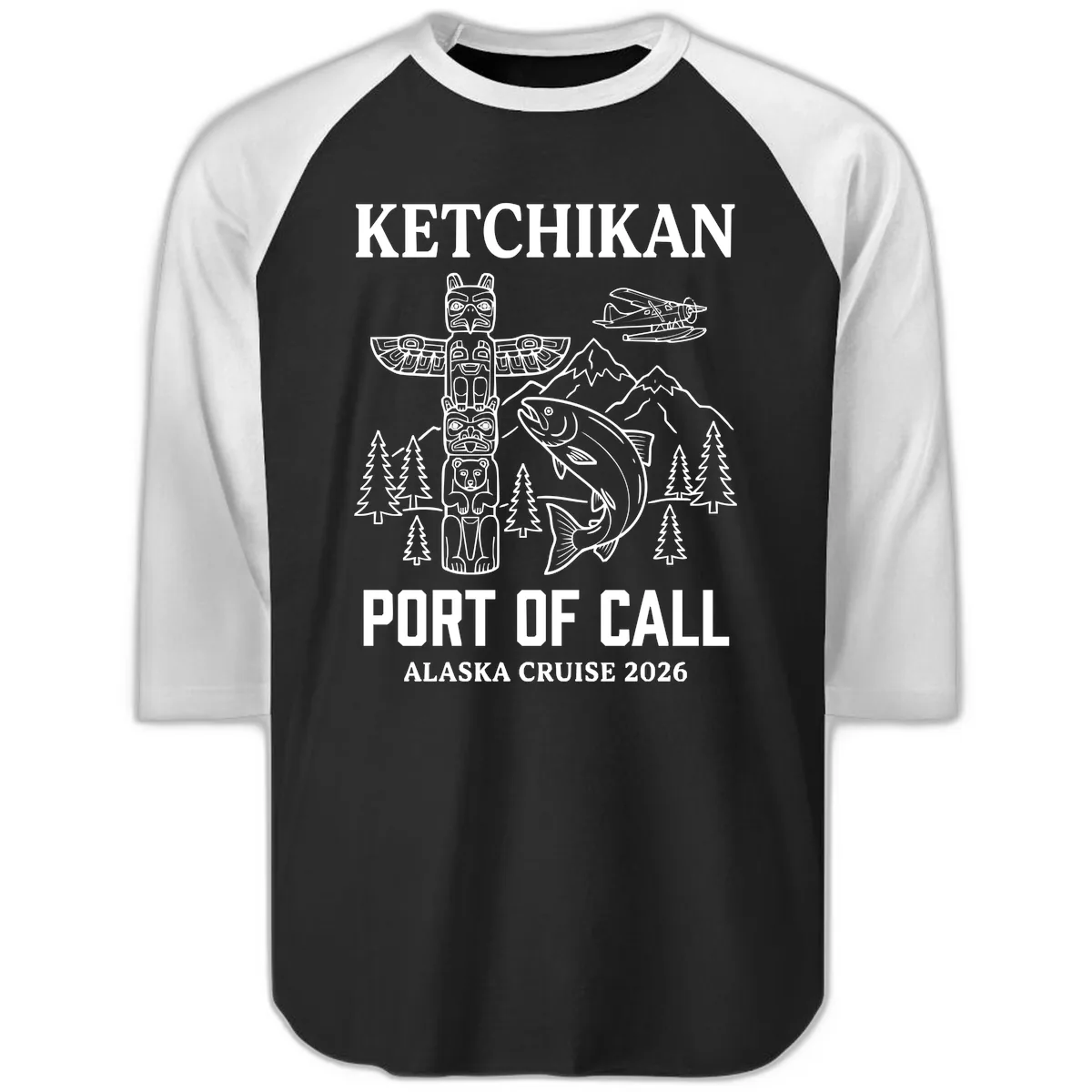 Ketchikan Port Of Call Alaska Cruise Raglan 3/4 in Black White