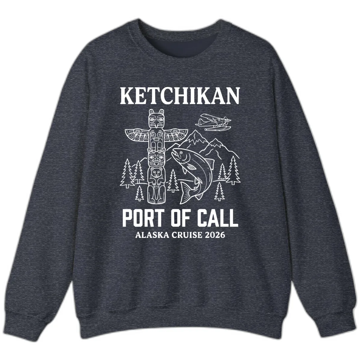 Ketchikan Port Of Call Alaska Cruise Sweatshirt in Heather Sport Dark Navy